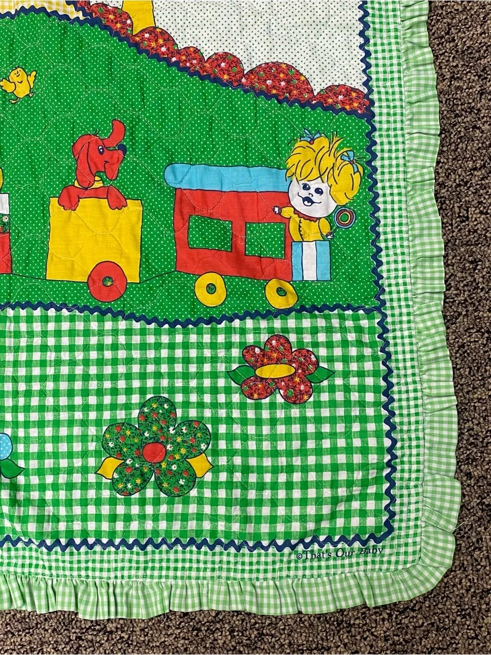 Vintage Baby Quilt Trains Primary Colors- Green Gingham That’s Our Baby